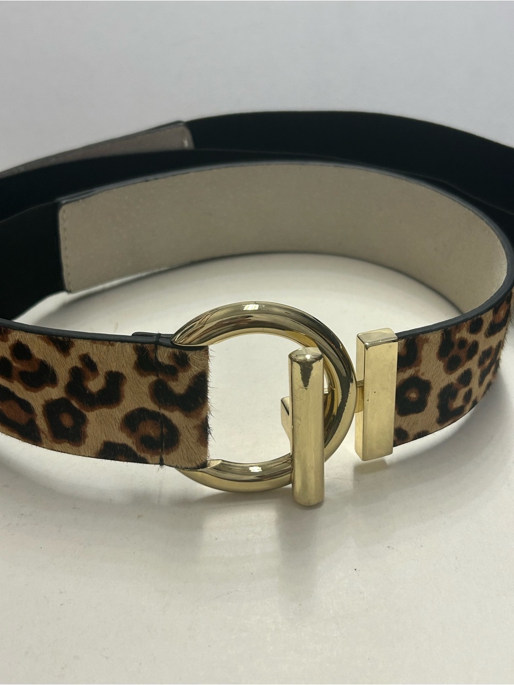 Chico's Leopard Print Belt with Gold Circle Toggle and Calf Hair Genuine Leather
